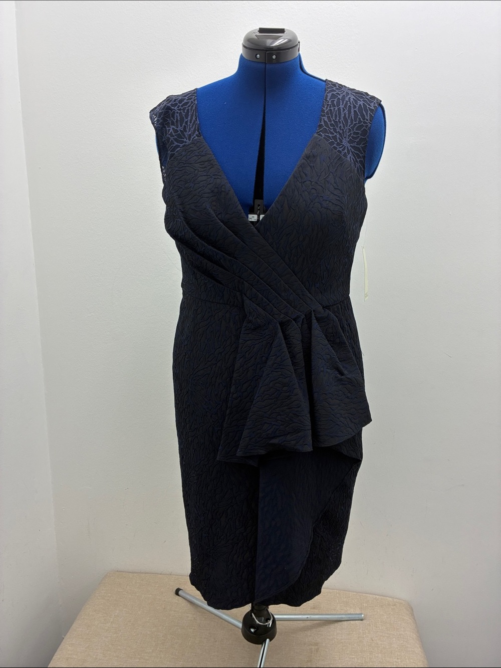 V-Neck Side-Ruffle Cocktail Dress with Sheer Décolletage in Jacquard Fabric
